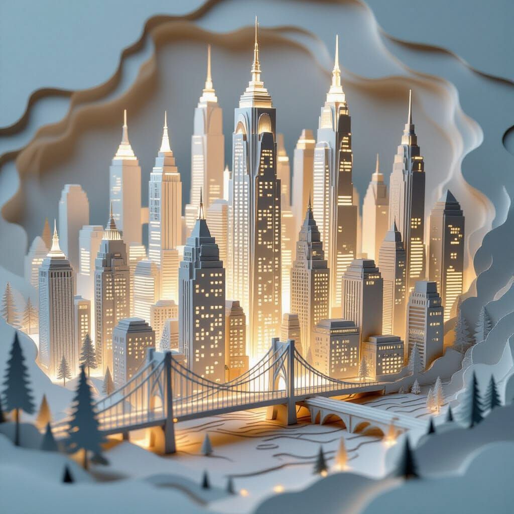 Intricate Papercut Cityscape Art with Glowing Architecture