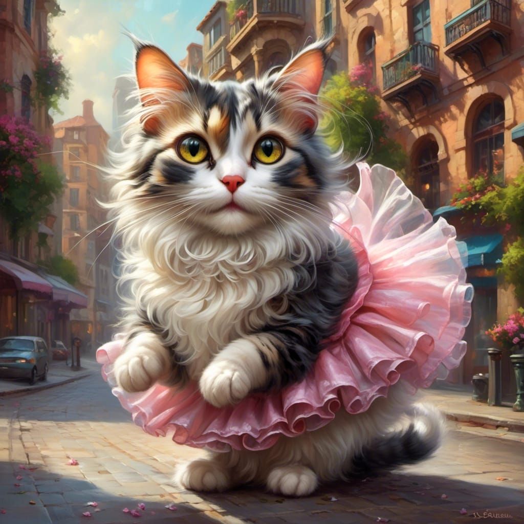 Cat Ballerina Dances in Urban Street Scene