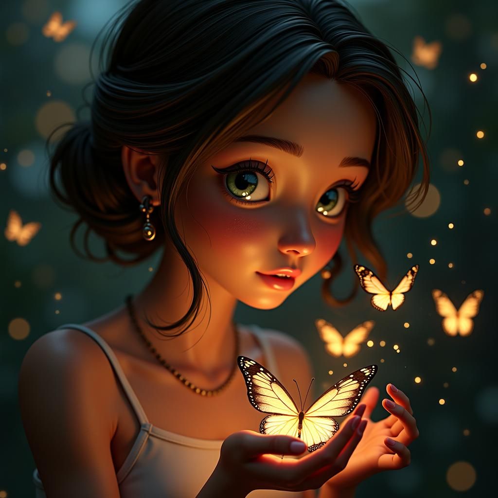 Butterflies Emerge from Pendant in Burton-Pixar Style