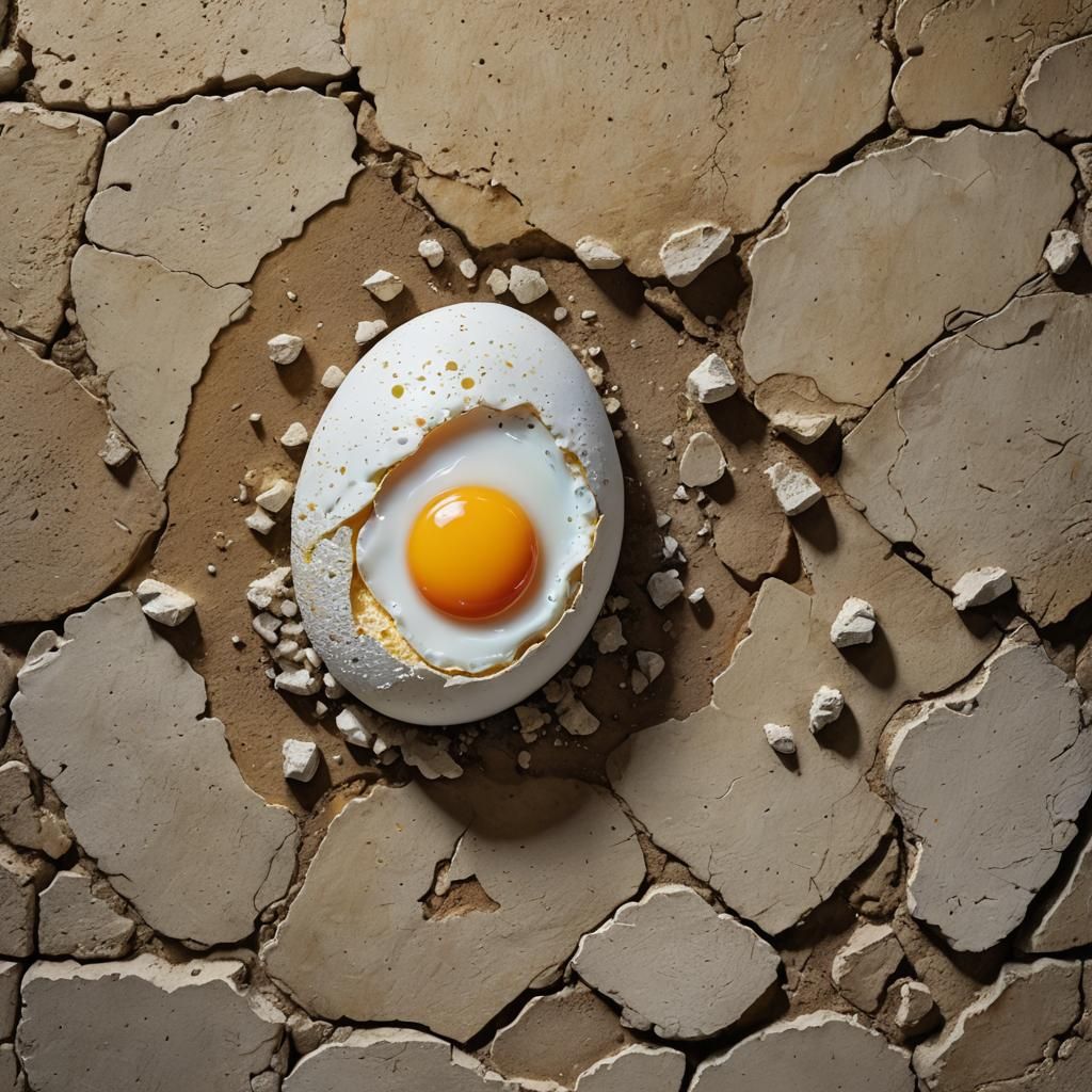 Surreal Fried Egg Affixed to Ancient Wall