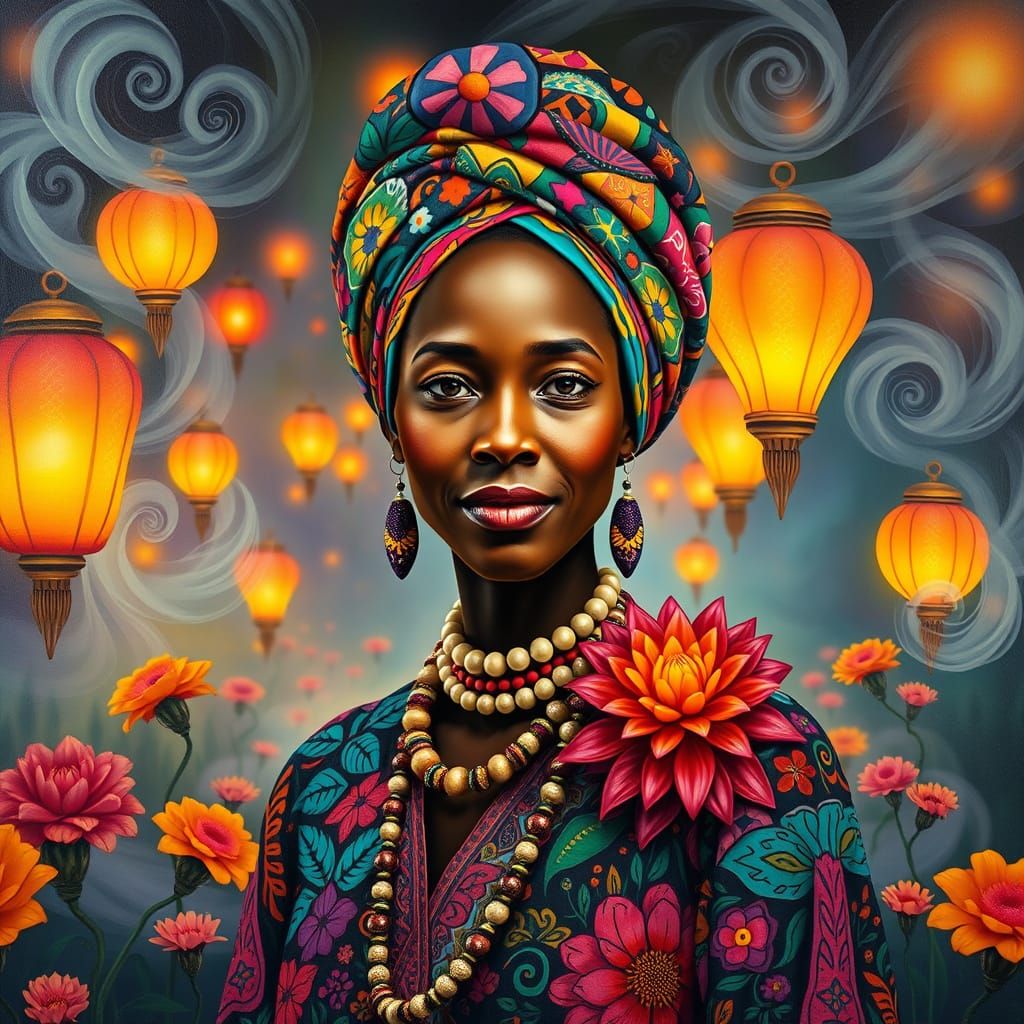 Whimsical African Flower Seller in a Dreamlike Martian Carni...