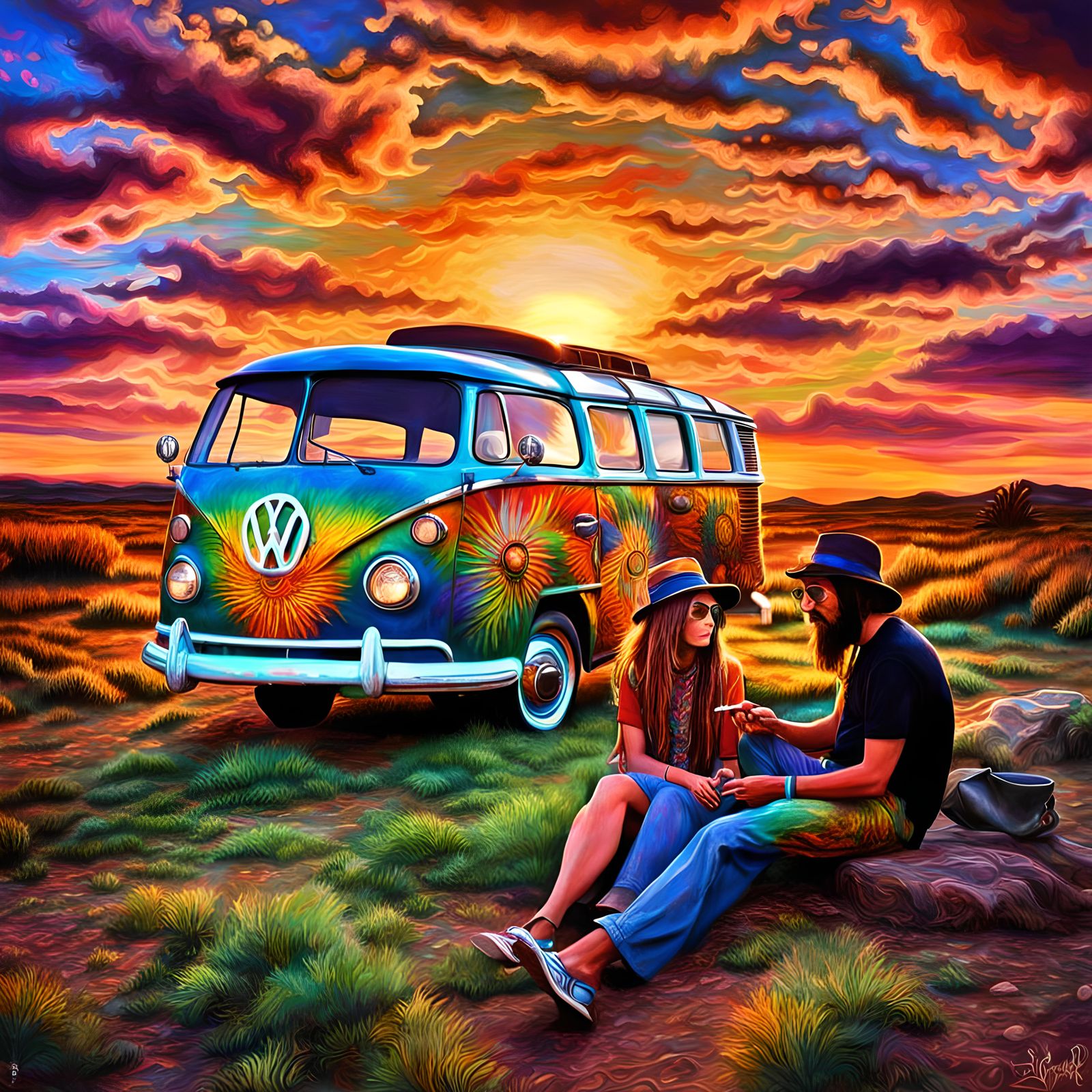Psychedelic Hippie Sunset Scene with Volkswagon Bus