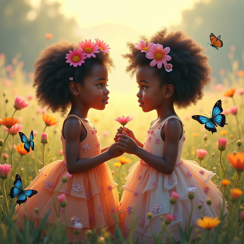 Black Girls in Floral Dresses Picking Wildflowers