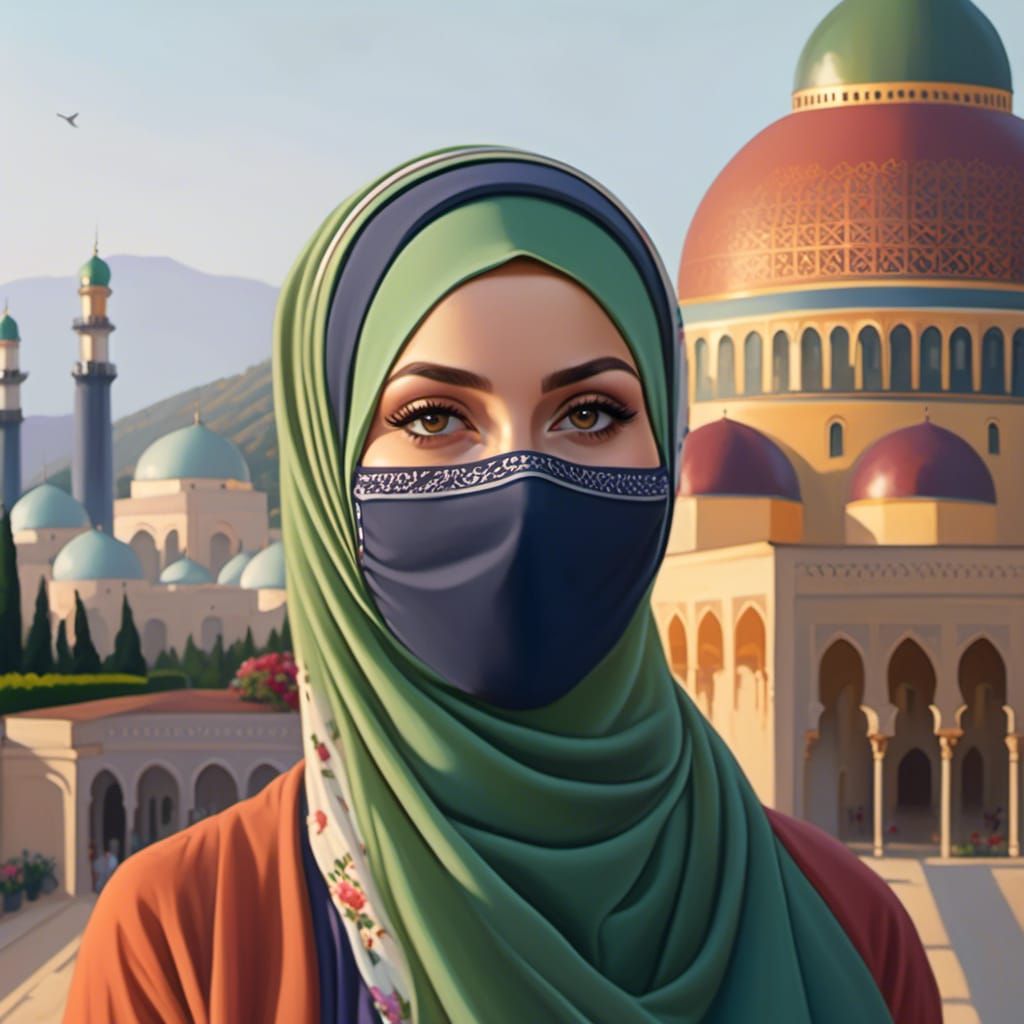 European Woman in Hijab and Mask, Oil Painting