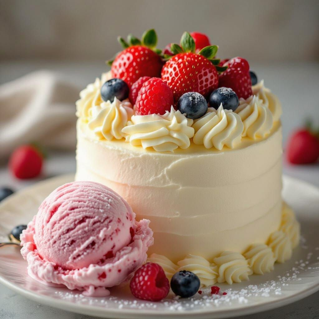 Delicious Vanilla Cake and Strawberry Ice Cream