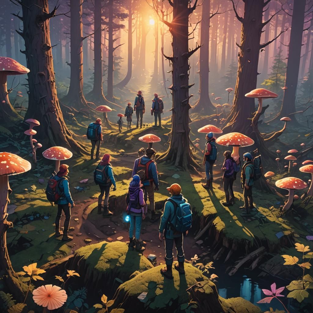 Adventurers Triumph in Mystical Grove, Digital Art