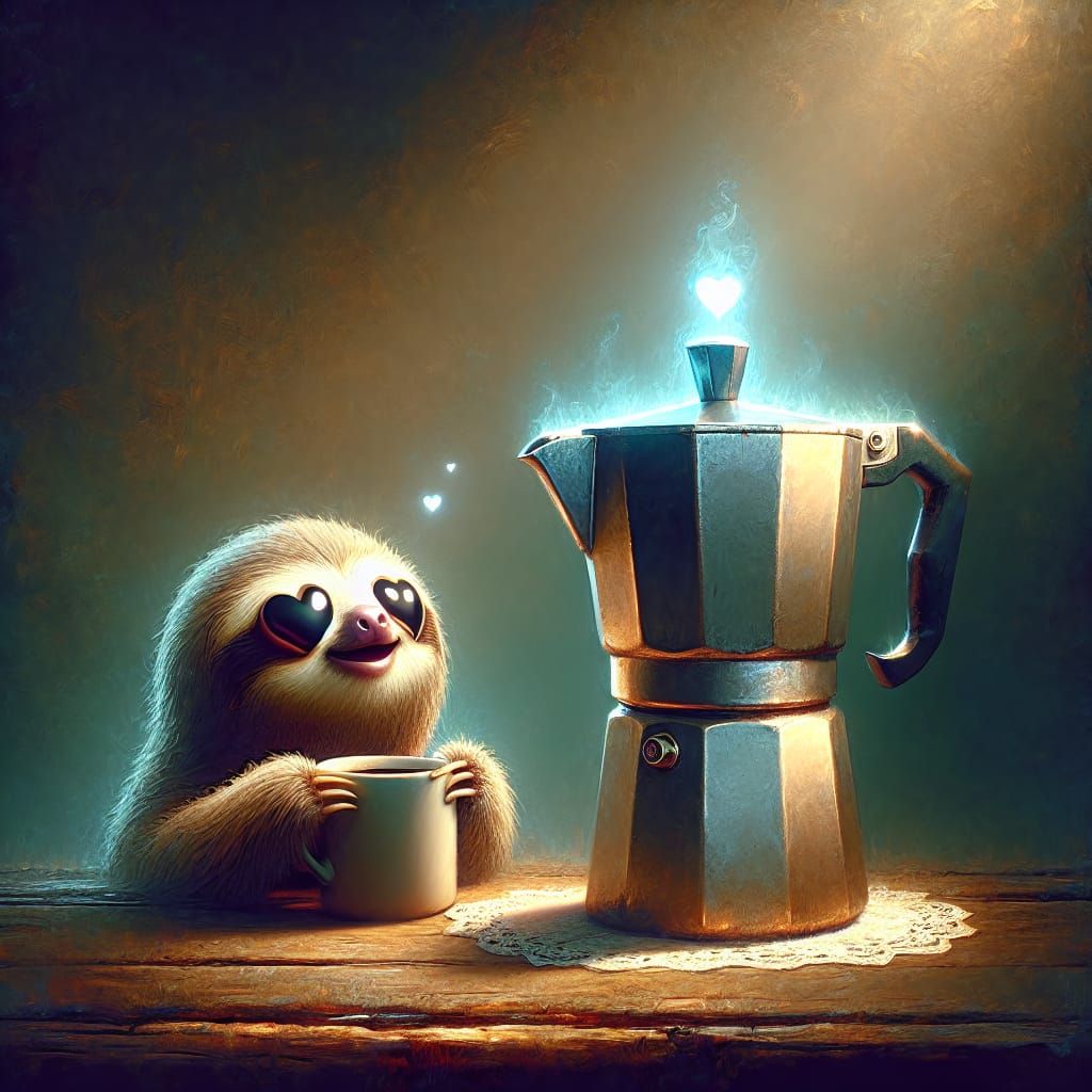 Sloth Adoring Coffee Pot in Digital Matte Painting