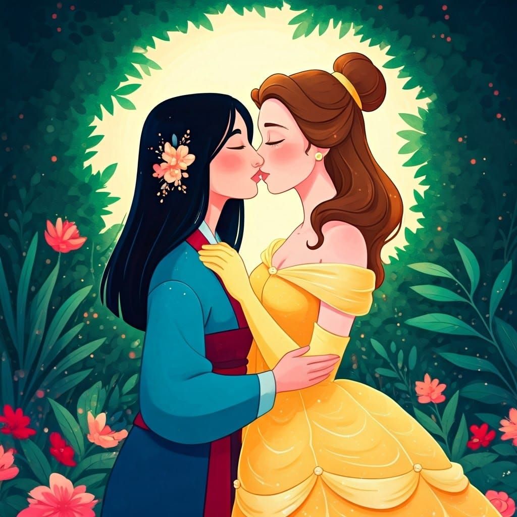 Mulan and Belle's Enchanted Kiss in Moonlit Garden