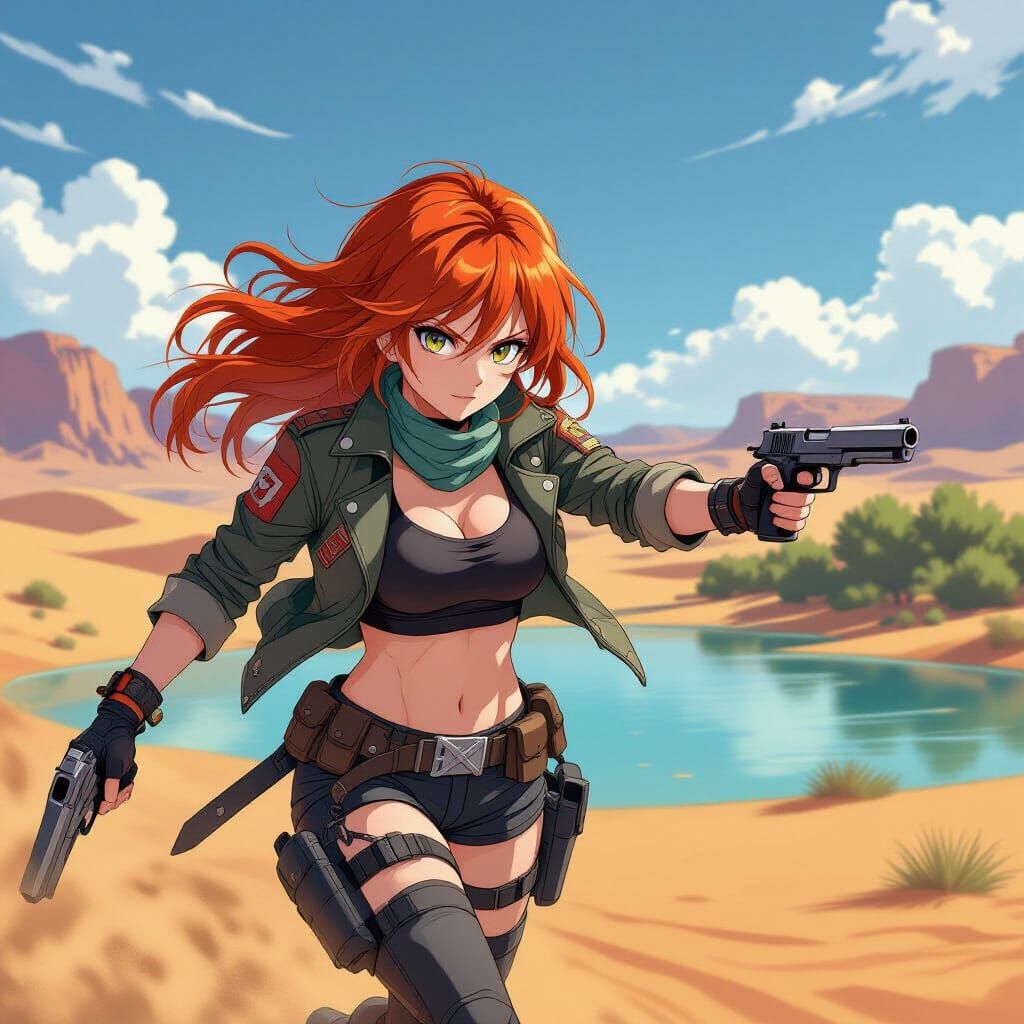 Anime Girl Fleeing Desert Oasis in Vibrant Style