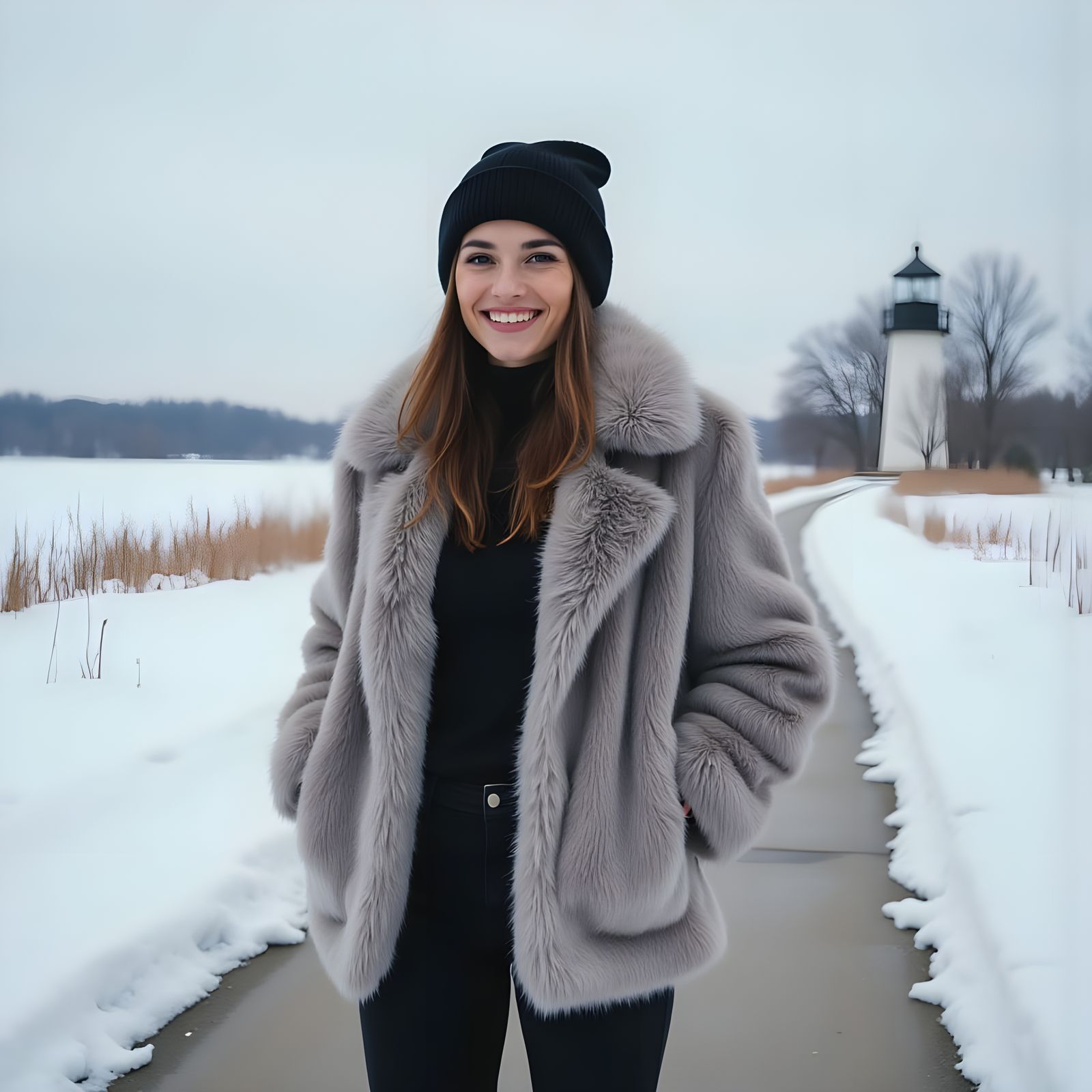 Woman Warming Up on a Winter Day in Faux Fur Coat and Knit B...