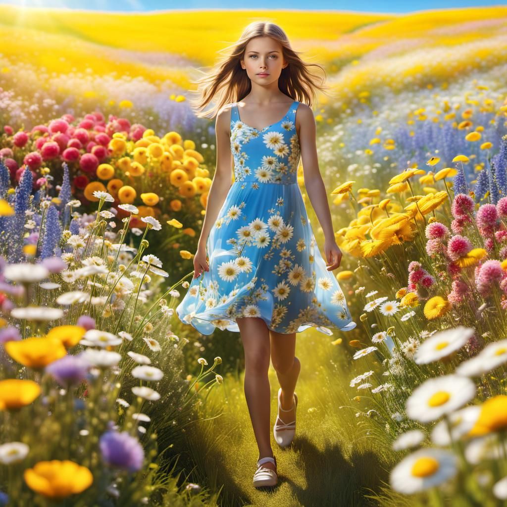 Girl in Summer Dress Walking Through Flower Meadow