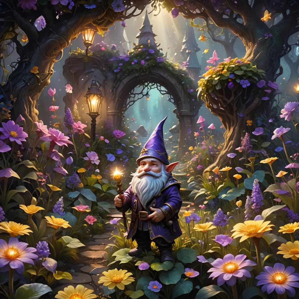 Gnome Tending Magical Garden in Ethereal Lighting