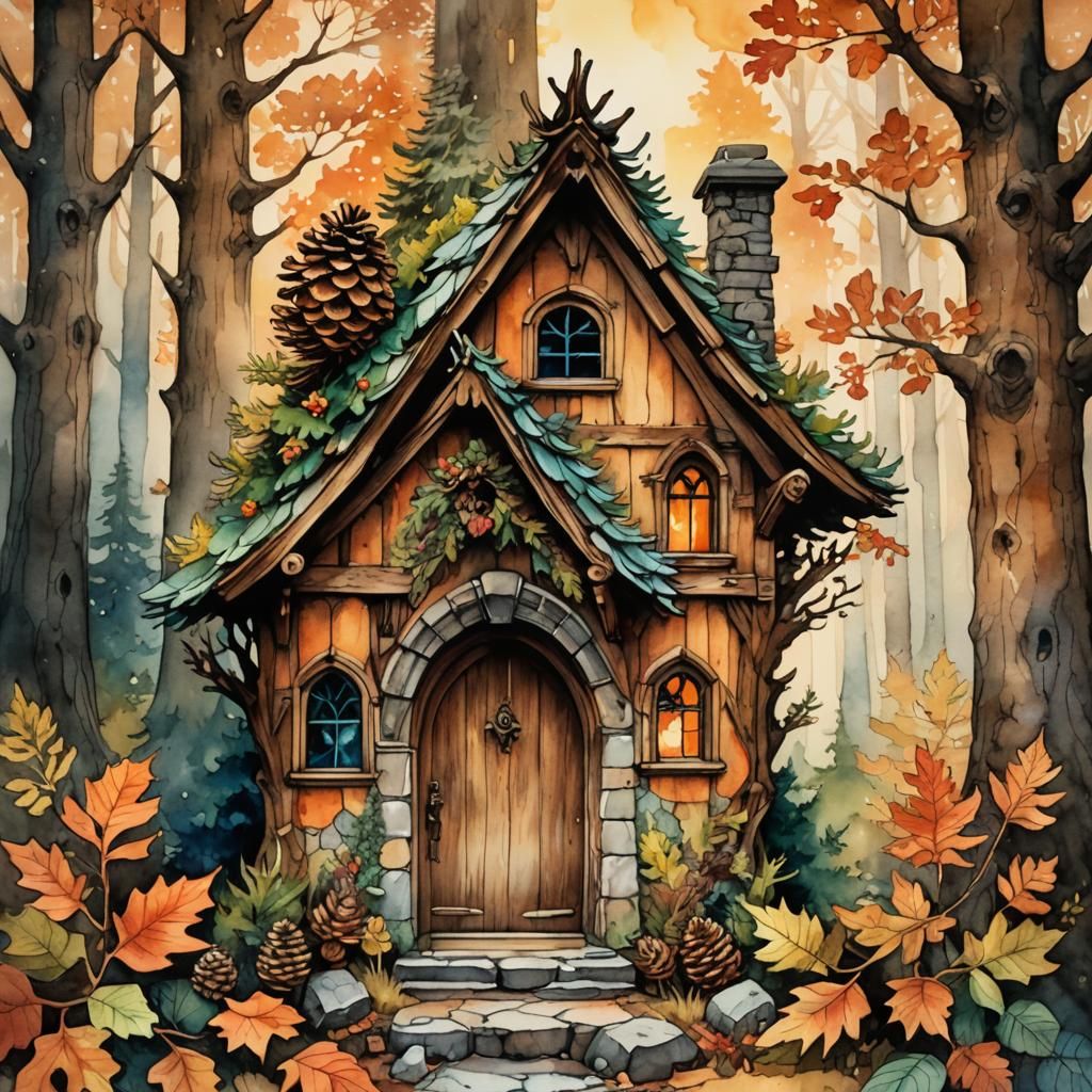 Pinecone House in Mystical Autumn Forest