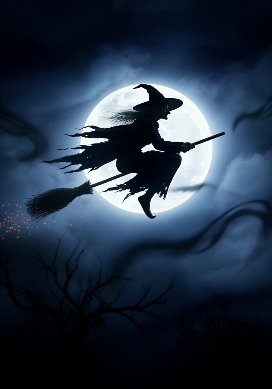 Mystical Witch Silhouette Flying Across a Glowing Moon