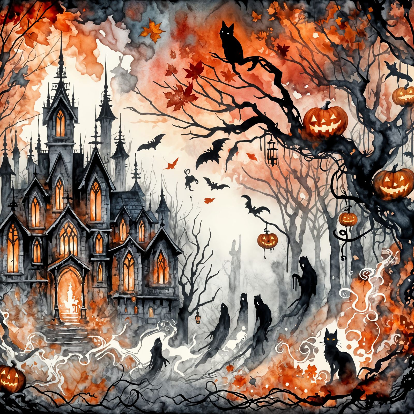 Halloween Gothic Mansion in Watercolor and Alcohol Ink