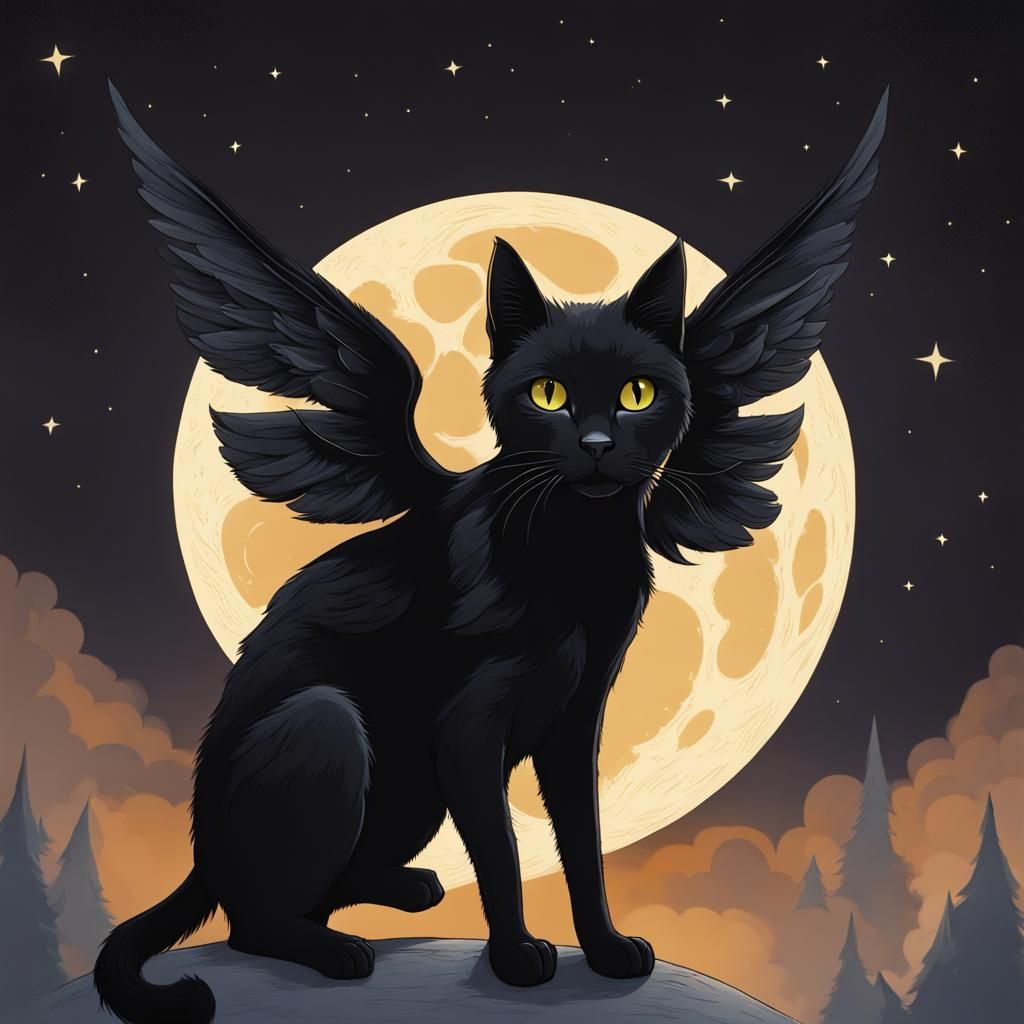 Winged Black Cat on the Moon
