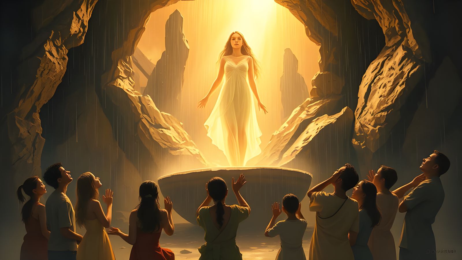 Radiant Figure Emerges Amidst Cleansing Rain