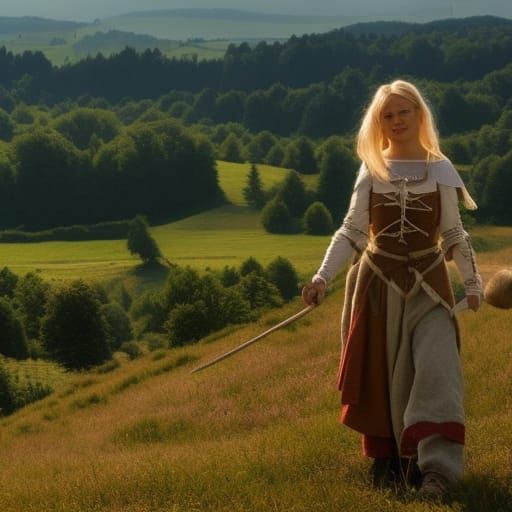 A blonde German maiden in medieval dress walks through the Odenwald landscape