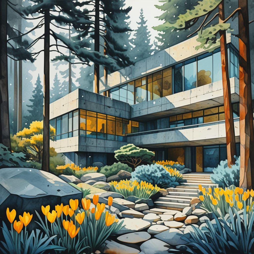 Impressionist Garden with Brutalist Architecture
