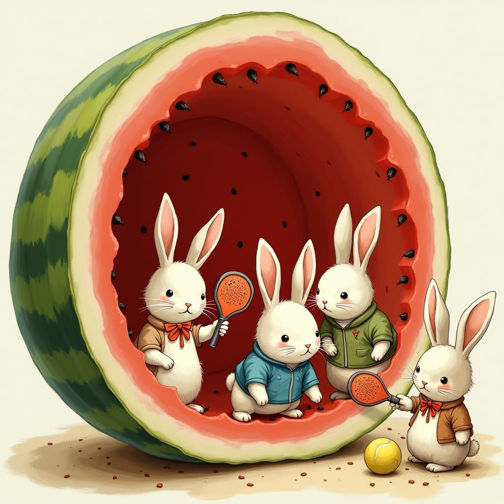 Rabbits Play Pickleball in a Whimsical Watermelon Wonderland