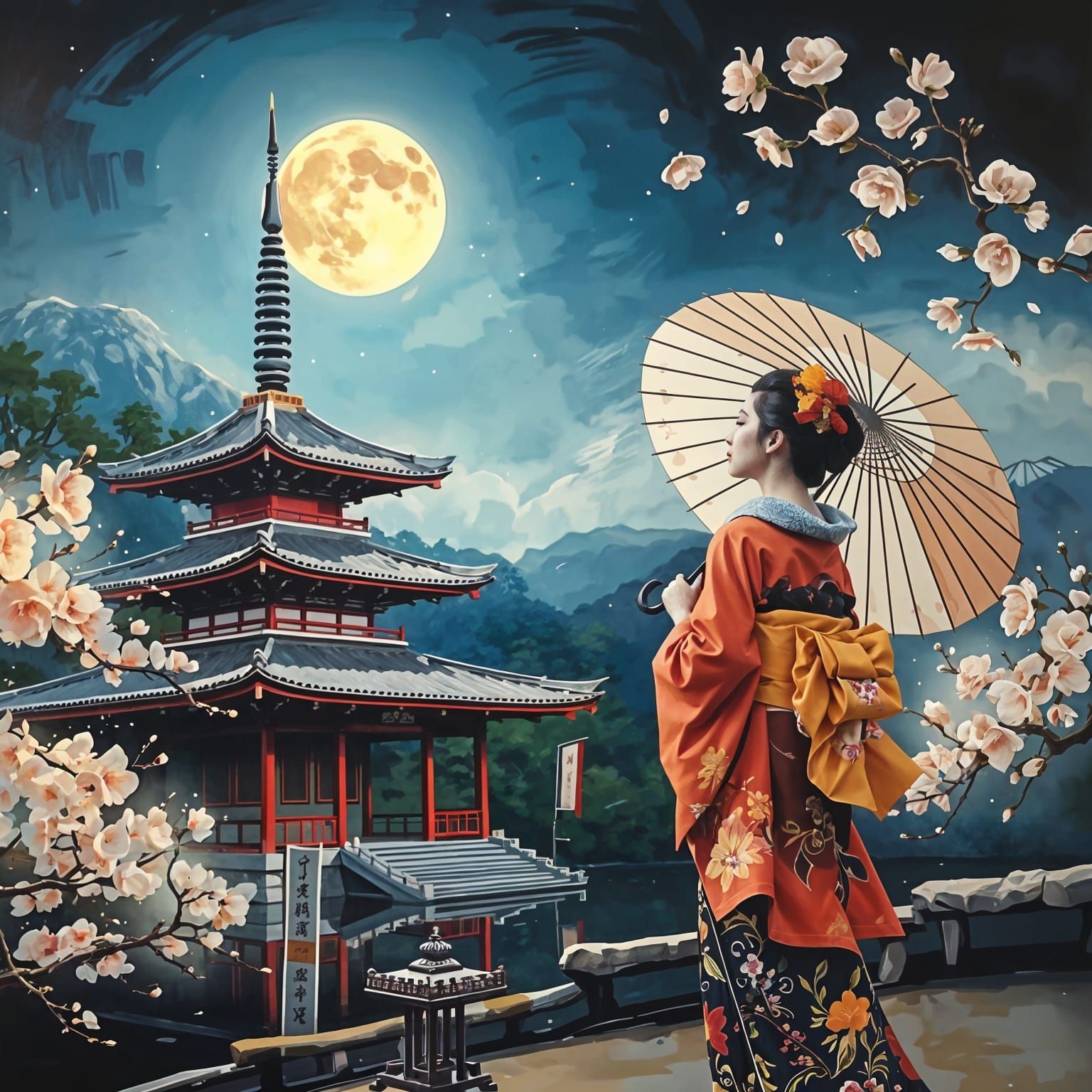 Ethereal Moonlit Temple in Traditional Oil Painting Style