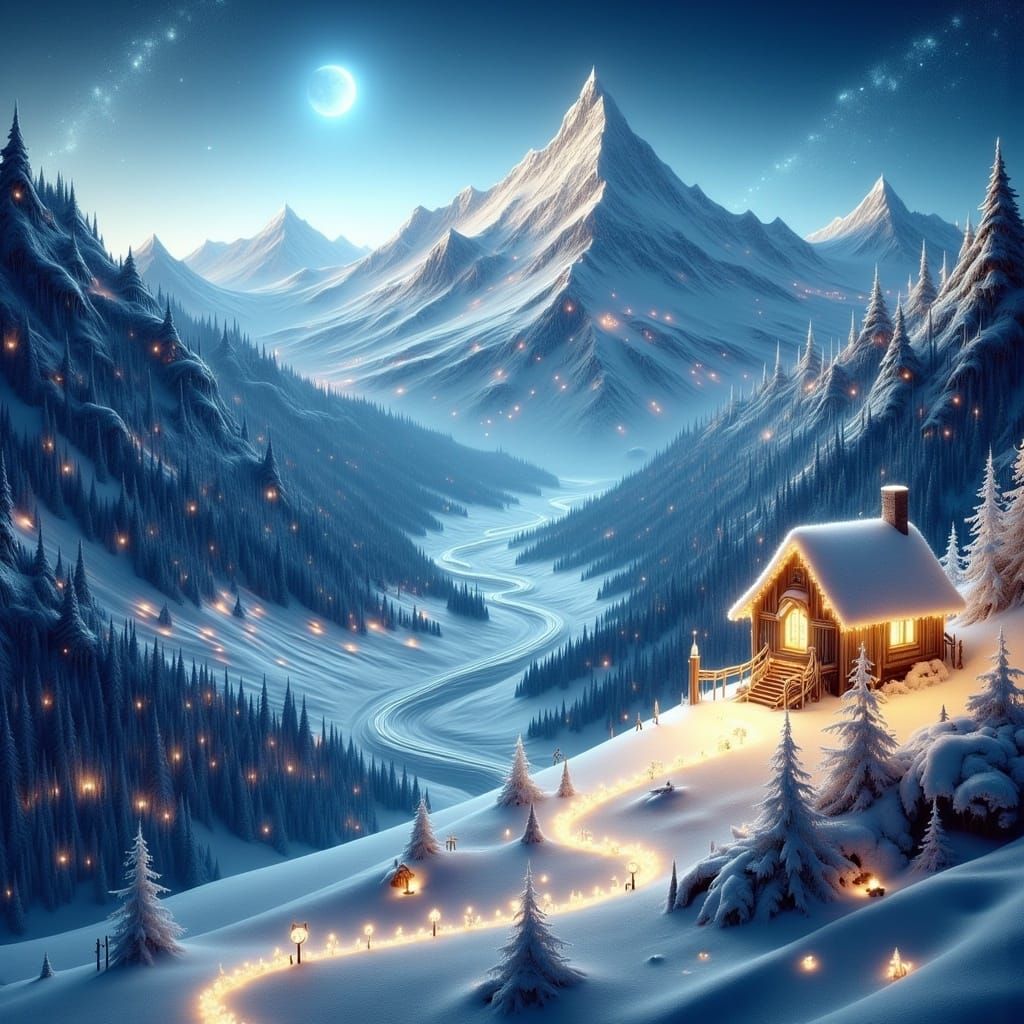 Winter Mountain Valley Cabin in Detailed Matte Painting