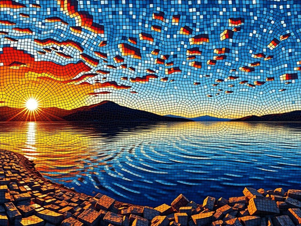 Roman Mosaic Sunset on Mountain Lake