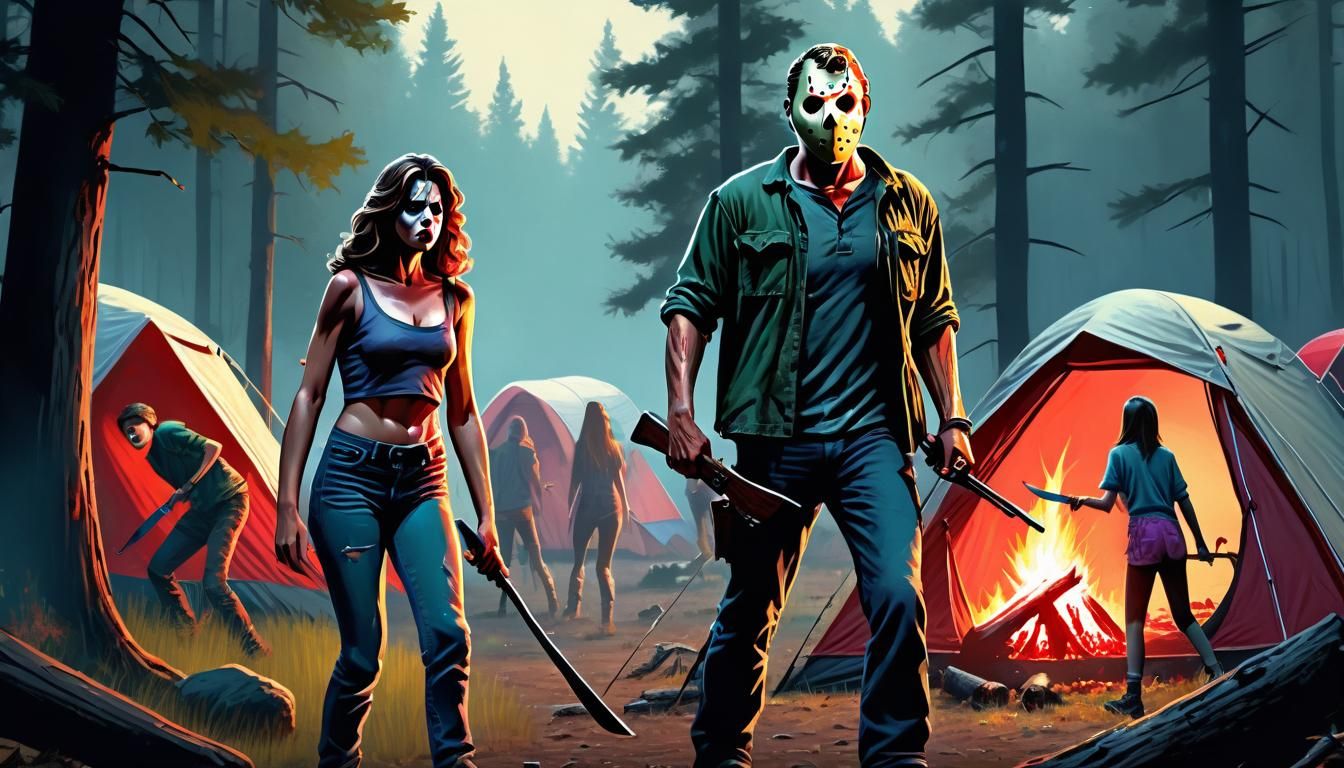 Camp Horror Scene in 80s Slasher Style