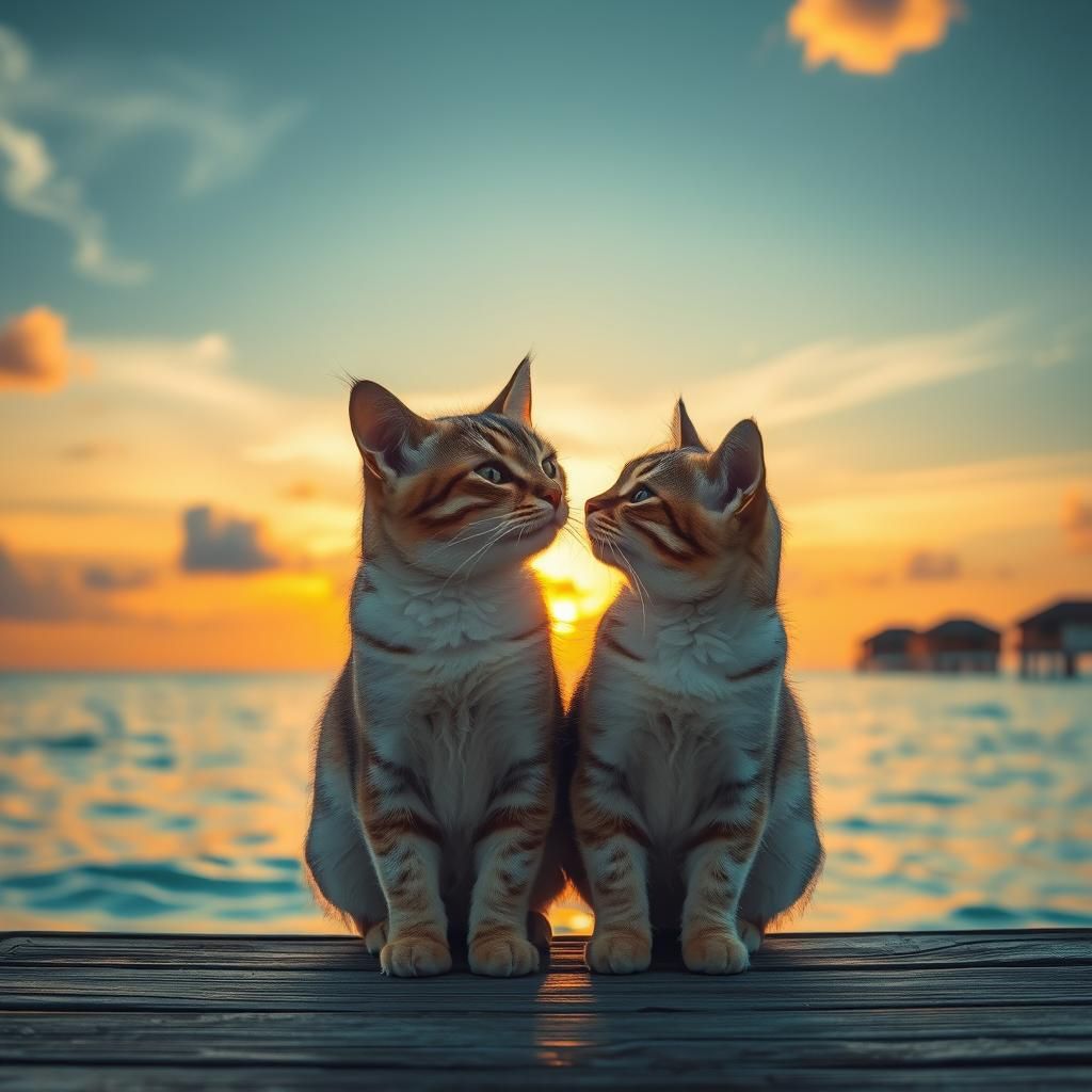 Romantic Sunset with Cats: Hyperrealistic Photography