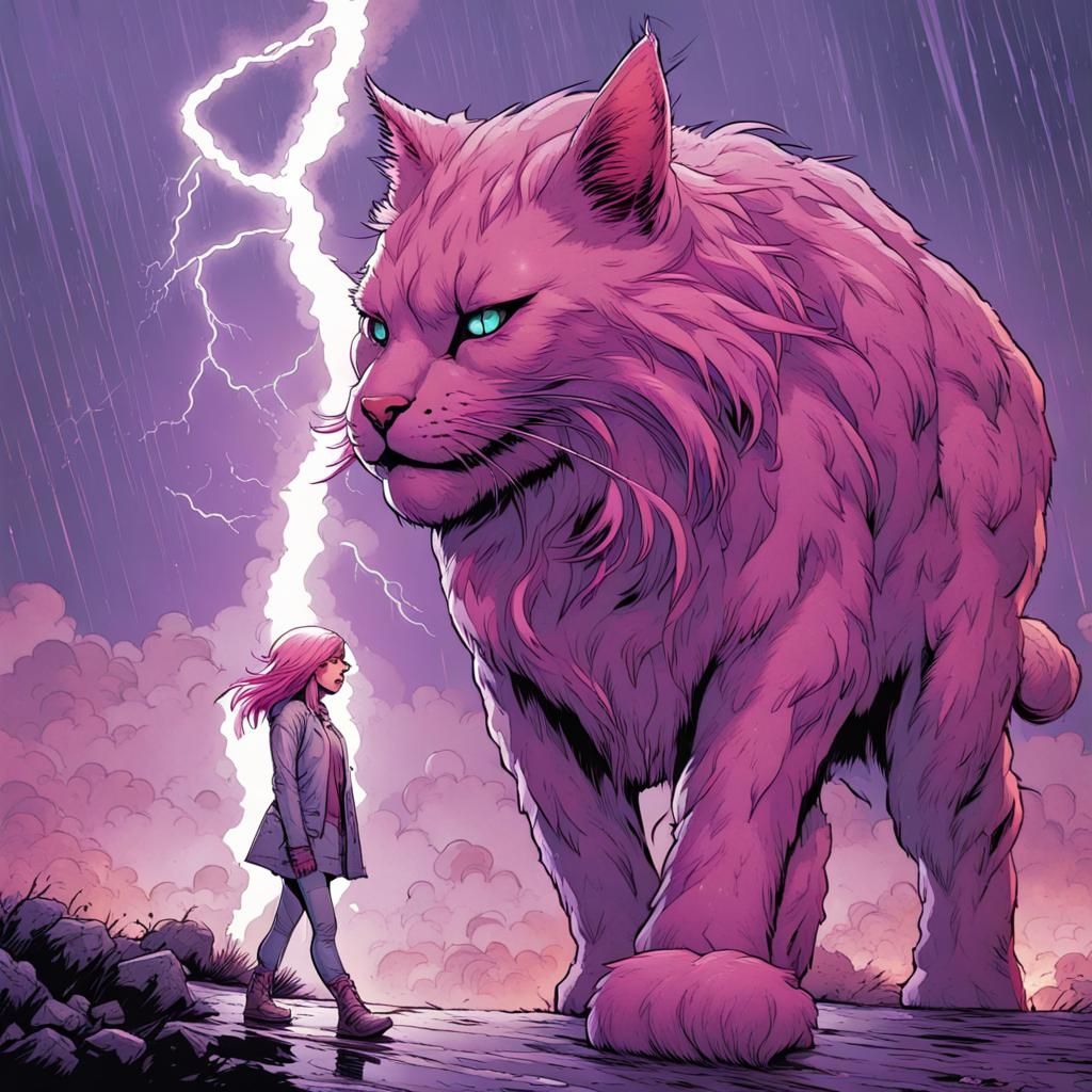 Pink Haired Woman with Purple Cat in Lightning Storm