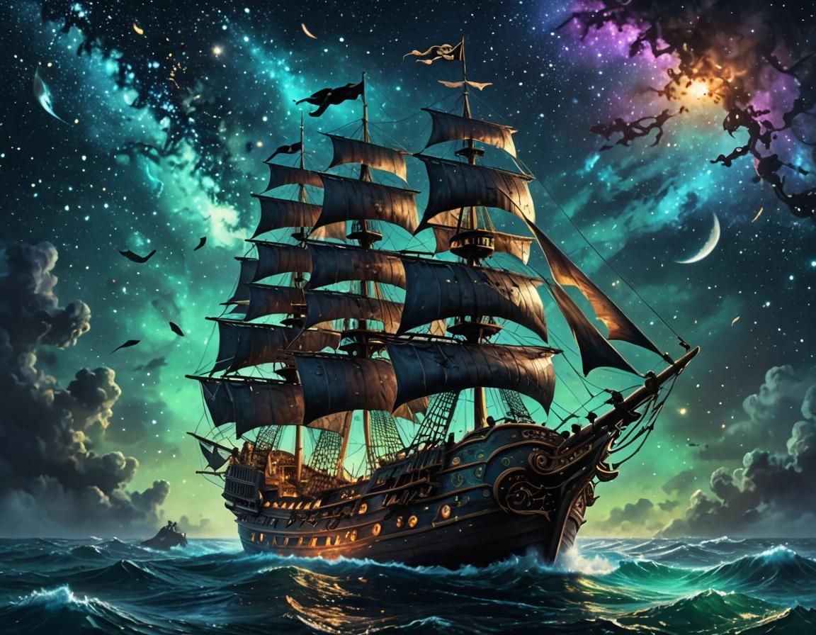 Pirate Ship Sailing a Sea of Stars