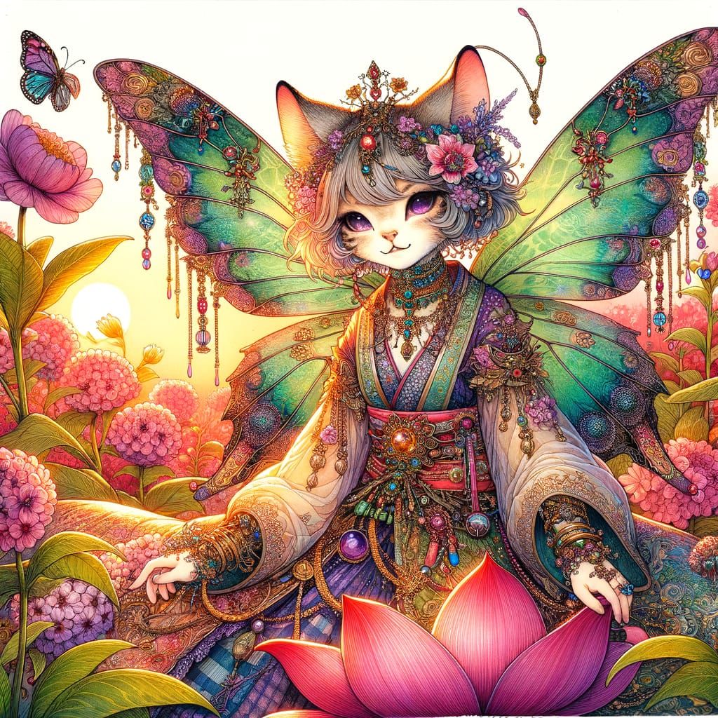 Asian-Inspired Fantasy Fairy with Butterfly Wings and Floral...