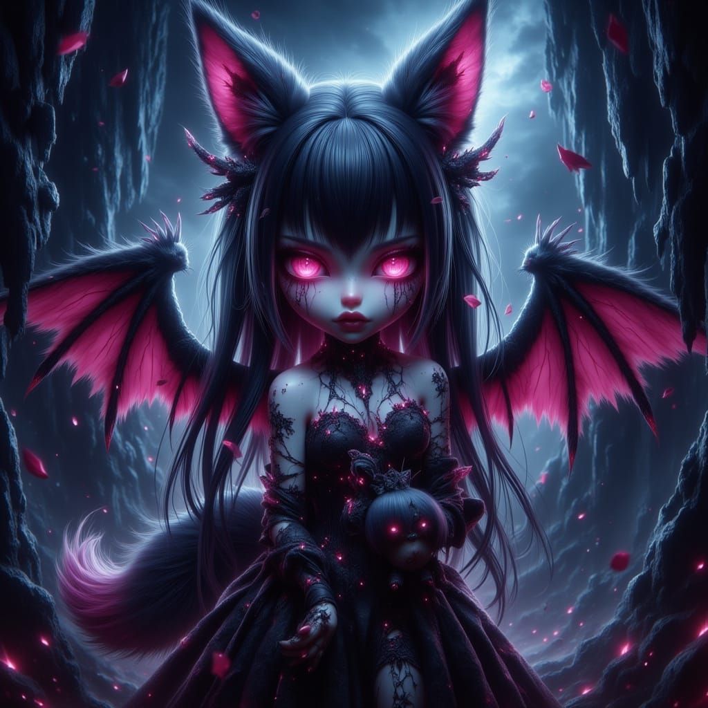 Creepy Anime Doll Girl with Fox Features and Wings