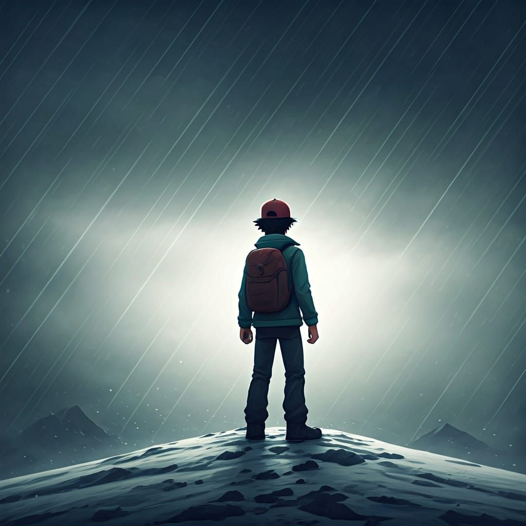 Pokémon Master at Mt. Silver Peak in Dramatic Landscape