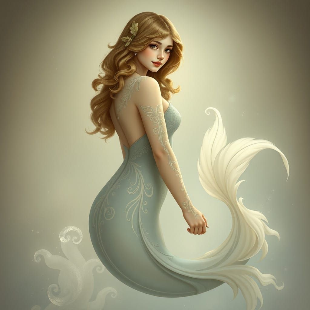 Ethereal Art Nouveau Portrait of a Mythical Selkie in Gentle...