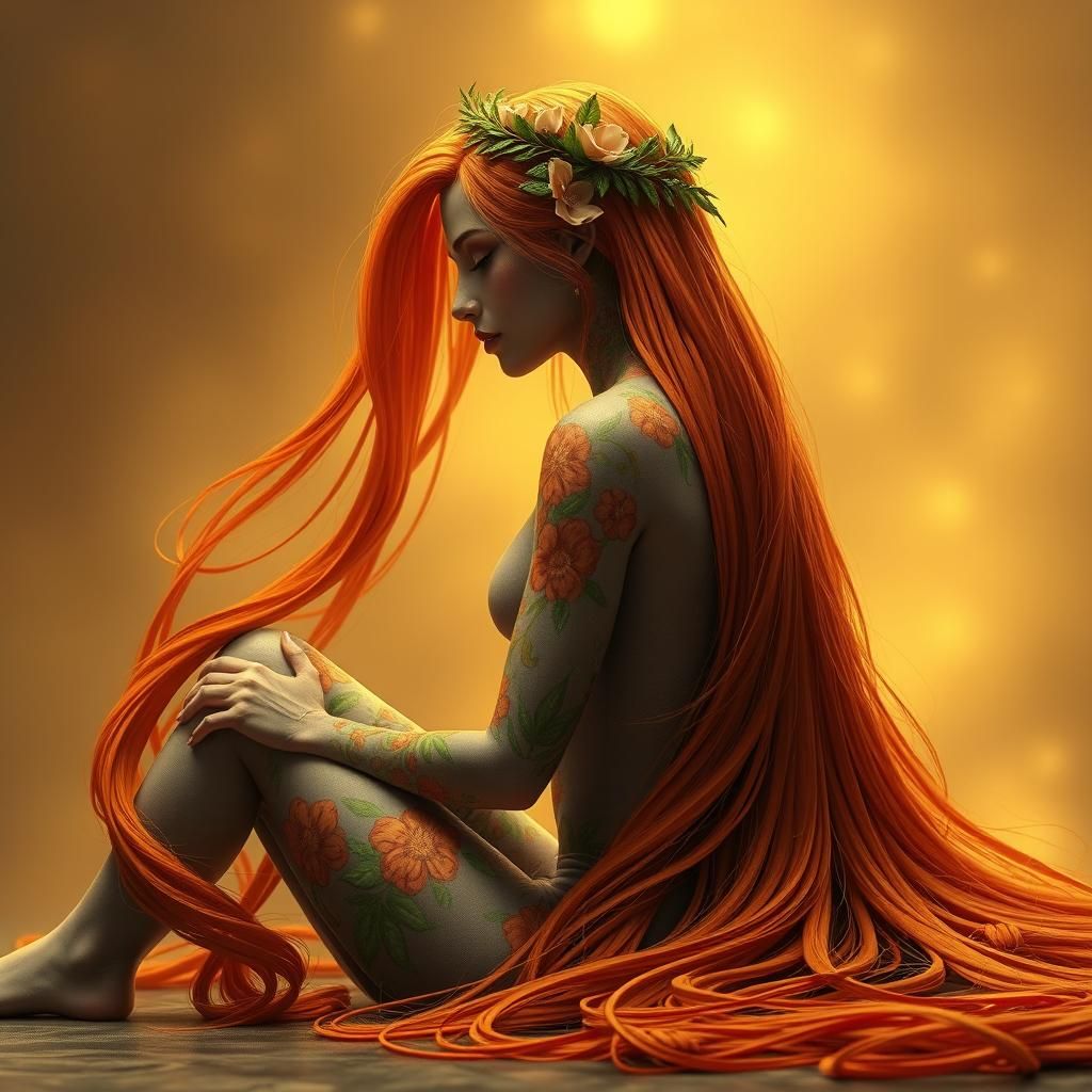 Woman with Orange Floral Skin in Dreamy Setting