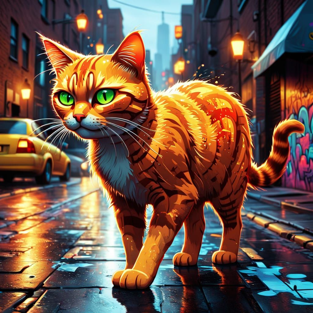 Cat Walking Down City Street in Graffiti Art Style