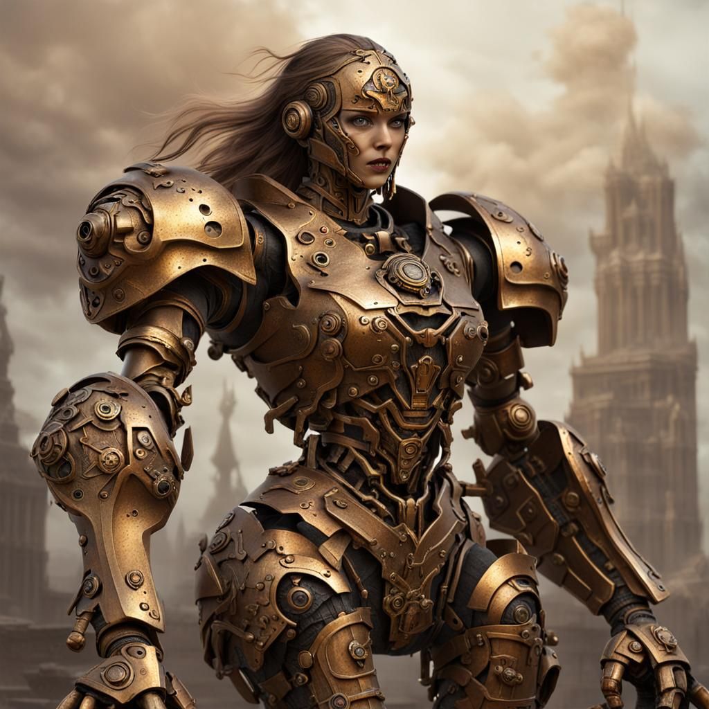 Bronze Female Mechanical Golem Warrior in Fantasy