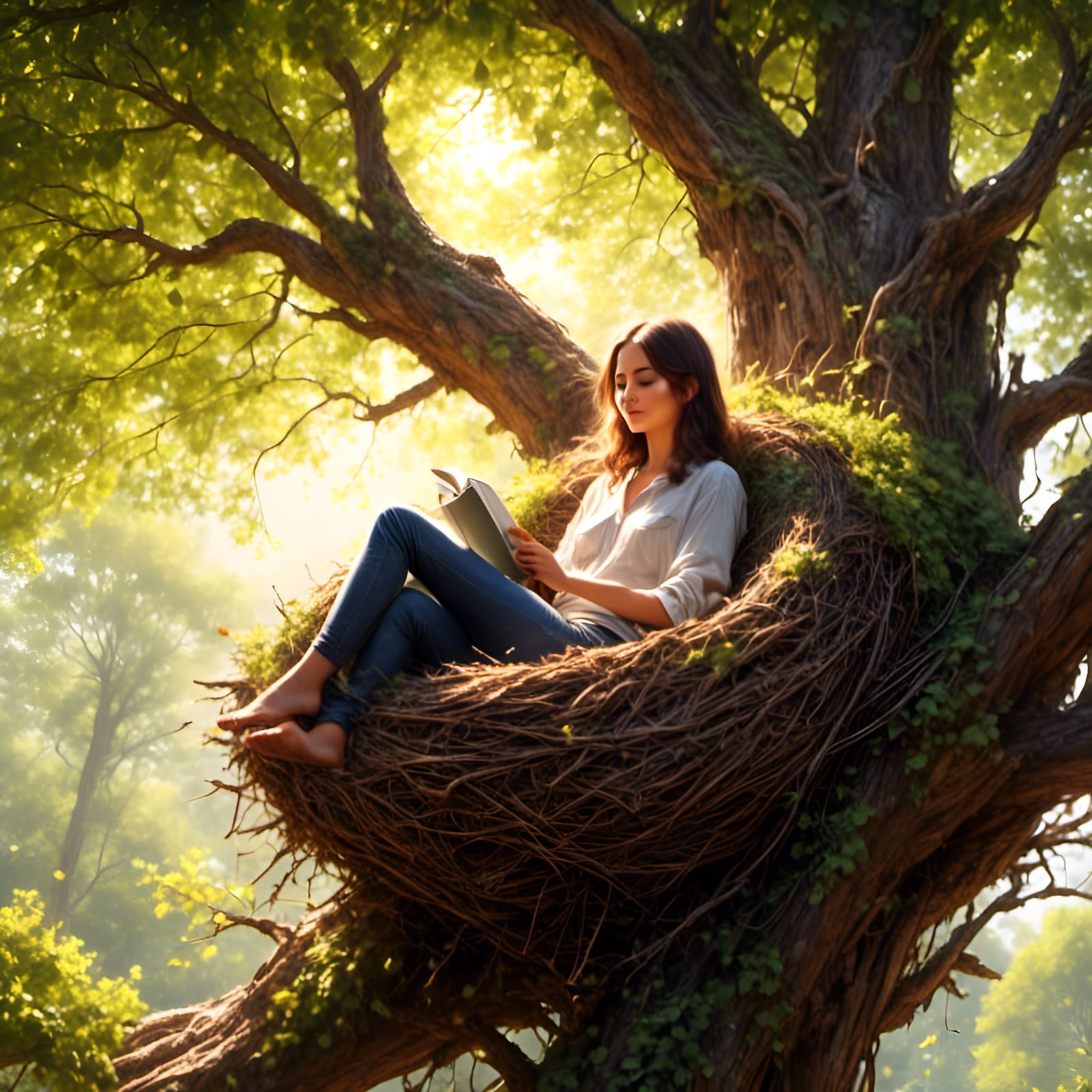 Person Relaxing in Tree Nest Graffiti Art