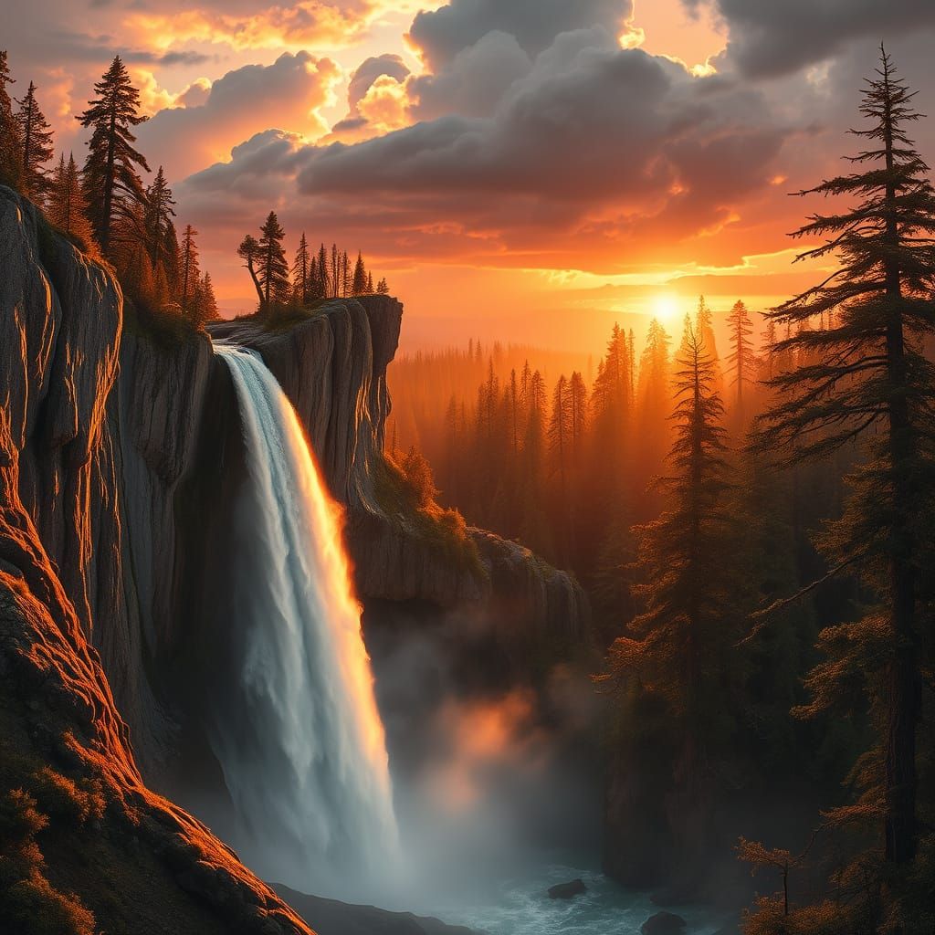 Ethereal Sunset Waterfall Scene in a Photorealistic Landscap...