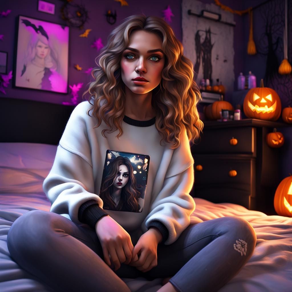 Girl Plays Fortnite in Halloween Bedroom: Hyperrealistic Art