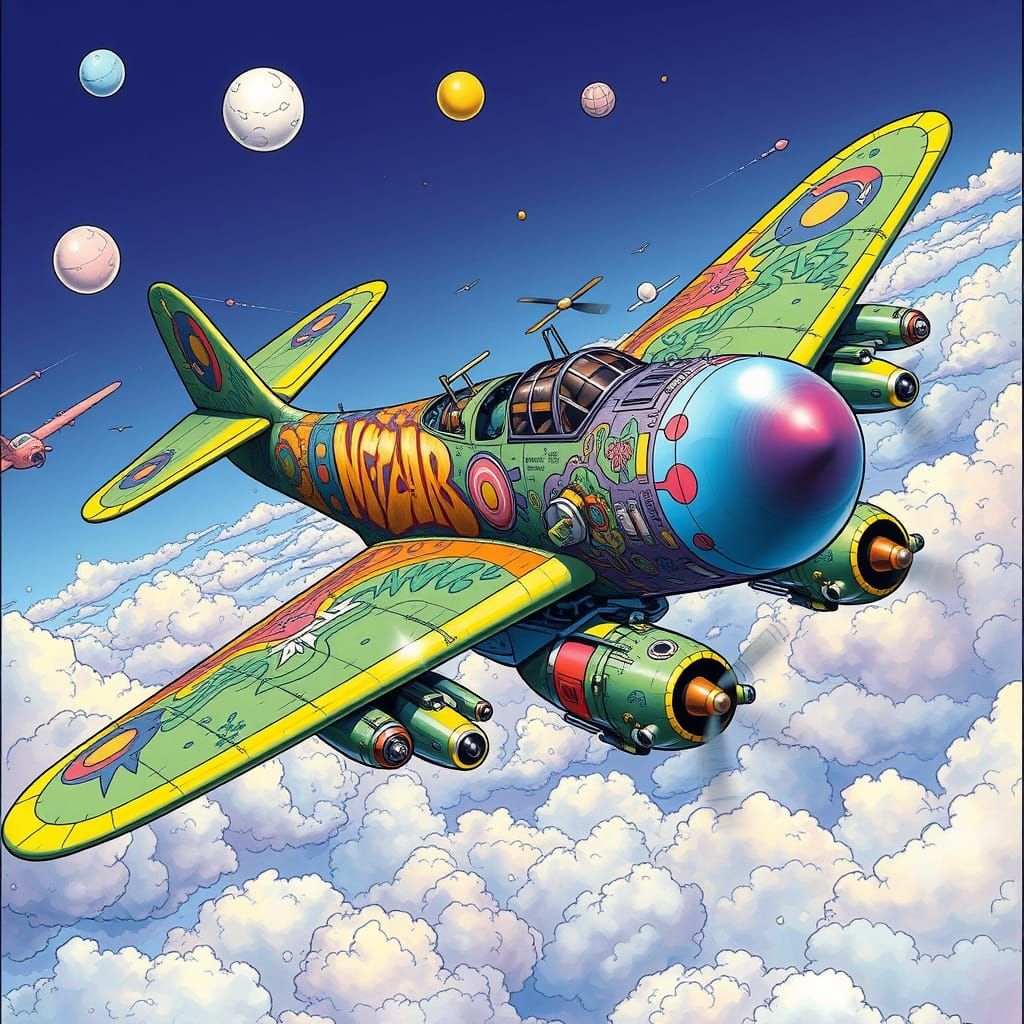 Psychedelic Steampunk Bomber in Moebius Style
