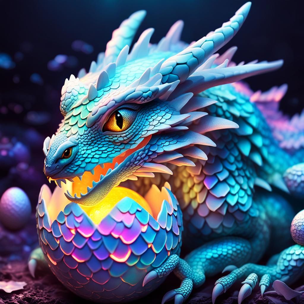 Glowing Neon Dragon Hatching: Whimsical Digital Art