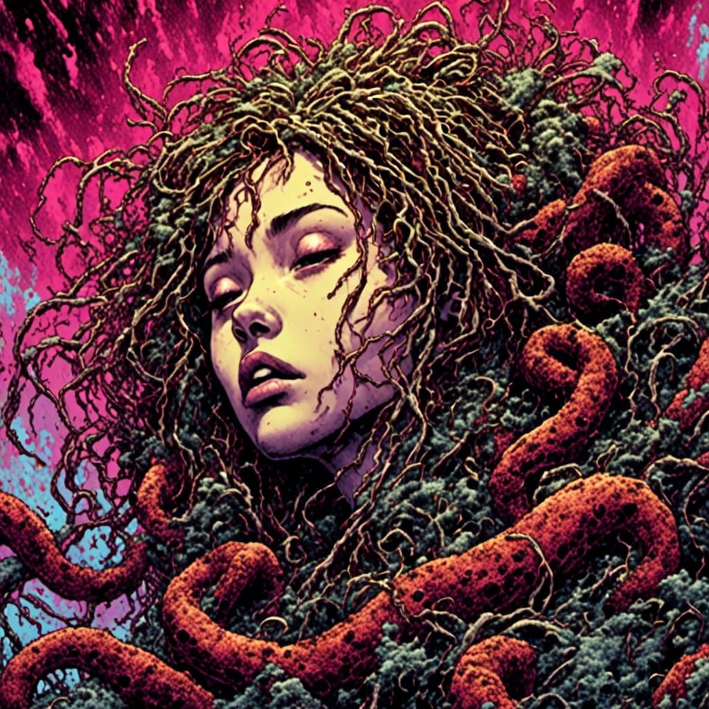 Tokyo Girl Chased by Monster in Sumi-e Style