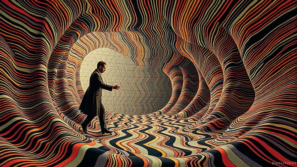 Surreal Quantum Tailors Stitch Reality in Op-Art Weave