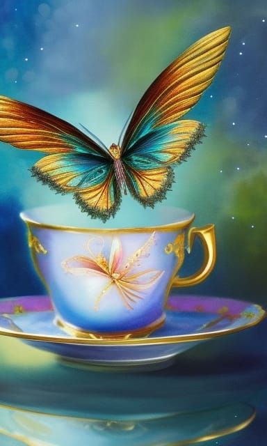 Enchanted Fairy Cat in Teacup, Digital Art