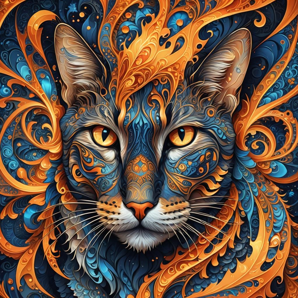 Fiery-Eyed Cat in Abstract Fractal Zentangle Design