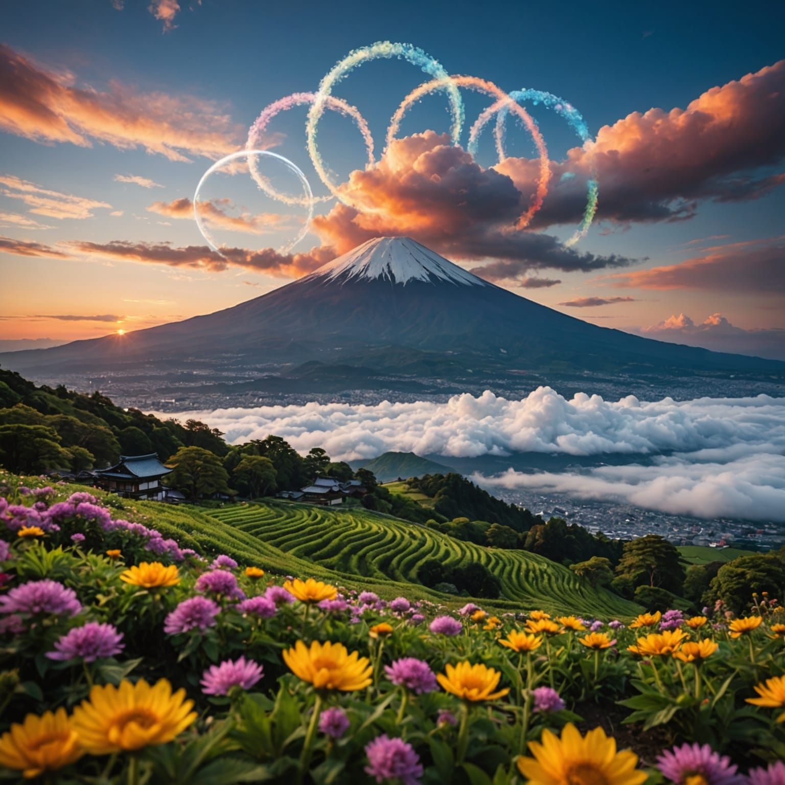 Colorful Orbs Spiraling Above Mount Fuji at Sunset