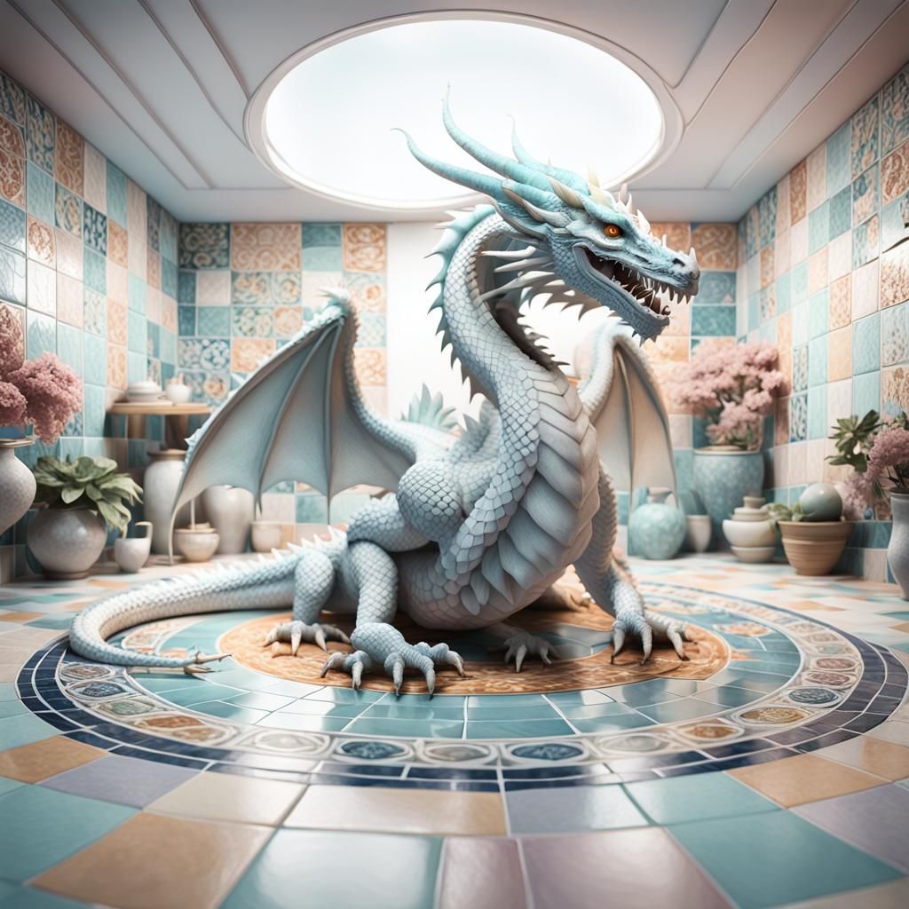 White Dragon in Clowncore Aesthetic with Muted Colors