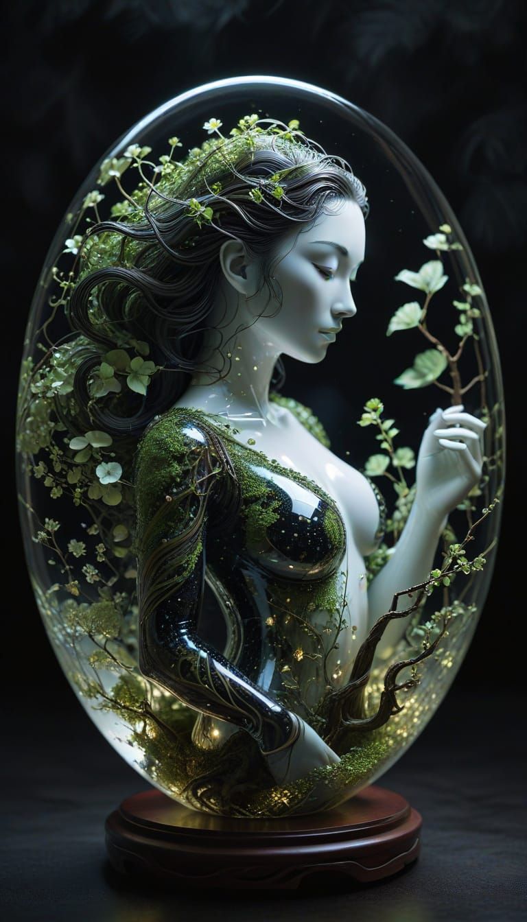 Luminous Glass Woman: Yin Yang Symbol in 3D Art